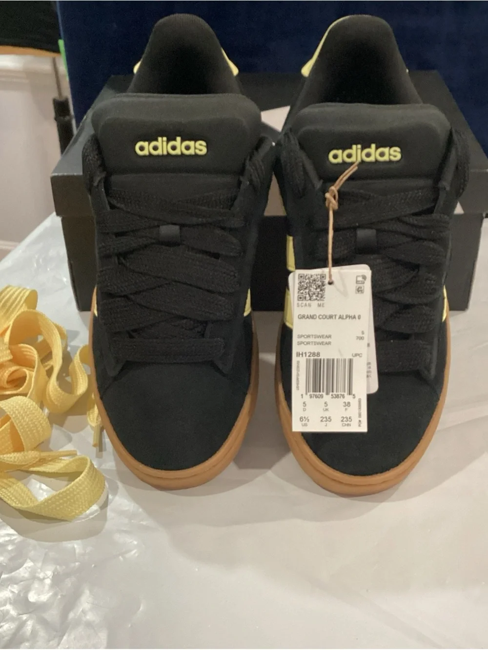 adidas Grand Court Alpha 00s Sneakers Black Yellow Gum Sole Women’s 6.5 NIB